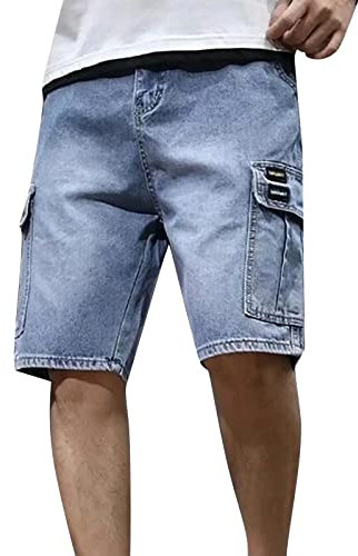 Beokeuioe Jeans da uomo, in cotone, cargo, bermuda, pantaloncini corti da uomo, con tasca con cerniera, in denim, vestibilità normale, pantaloni corti, Blu, XXXL