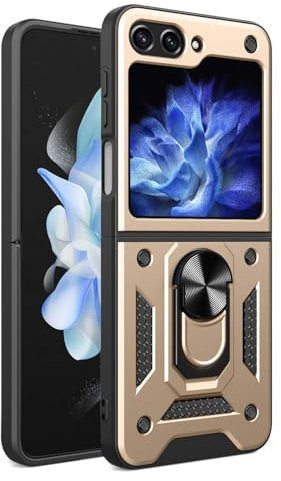 WBWONE Cover per Samsung Galaxy Z Flip 6 / Z Flip6 5G, TPU/PC Antiurto Protettiva Custodia con 360° Girevole Anello e Copertura Della Fotocamera Scorrevole, Oro rosa