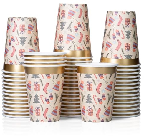 Disposable Paper Coffee Cups, Bulk 50-Pack, Christmas Party Supplies Treat Cups, 12 oz Hot and Cold for Restaurants and Parties, Christmas Items, Gold Foil