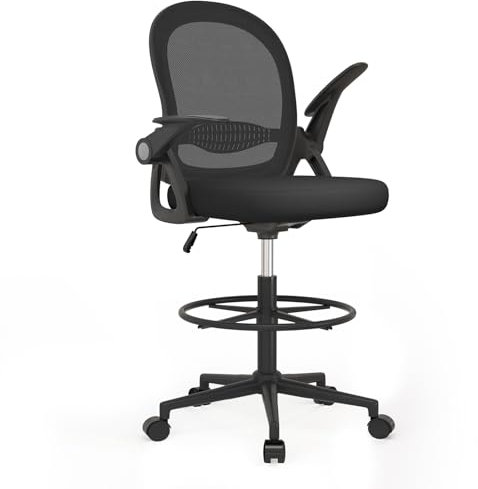 Naspaluro Bürostuhl mit Fußstützenring, Ergonomischer Schreibtischstuhl mit Atmungsaktiv Netzbespannung, Hochklappbare Armlehnen, Höhenverstellbarer Computerstuhl Leichter Stuhl 360° Drehstuhl Schwarz