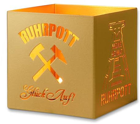 Windlicht Kerzenhalter Ruhrpott | Kerzenständer-gold aus Metall | Wohnzimmer-Terrassen-Balkon-Deko | Ruhrpott-Geschenke für Teelichter und Kerzen auch als Herbst Laterne für draußen geeignet.