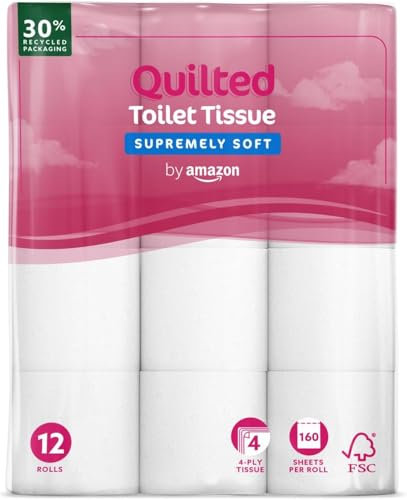 by Amazon Papier Toilette, 4 Épaisseurs Matelassé, Douceur Suprême, 12 Rouleaux (1 Paquet de 12), 160 Feuilles par Rouleau, Certifié FSC