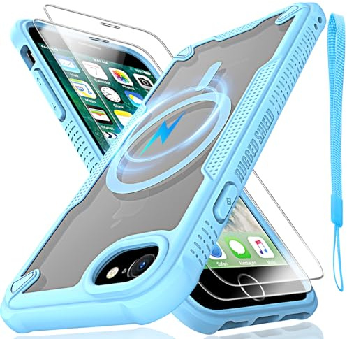 for iPhone 6/7/8,SE2,SE3 Case, Translucent Matte Back with Magsafe Magnetic Slim Shockproof Protective Case with Lanyard Strap and 2*9H Tempered Glass Screen Protector Phone Cover 4.7-inch-Blue