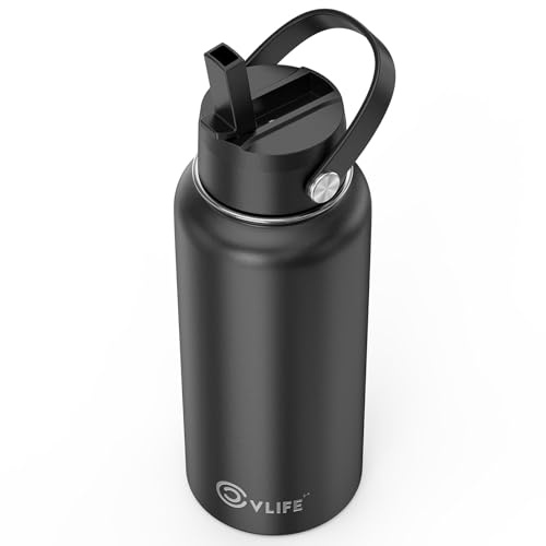 CVLIFE Insulated Water Bottle with Straw, 304 Leak Proof Stainless Steel, Lightweight Easy to Carry Dishwasher Safe, Travel Water Bottle for Gym and Sports (32 oz Black)
