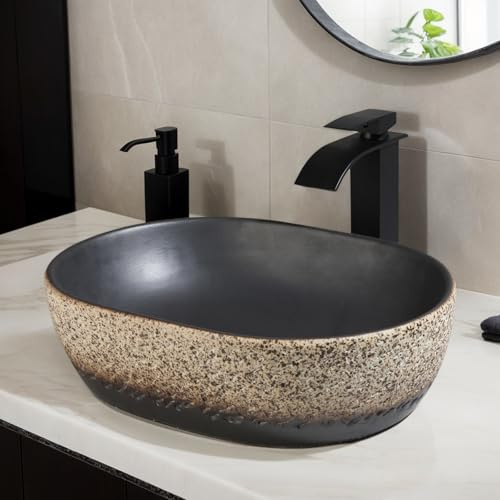 Focitland Black White Marbling Bathroom Vessel Sink,18 inch Stone Vessel Sink with Waterfall Faucet and Pop-up Drain Combo,Oval Bathroom Sink Bowl Art Sink Basin Above Counter with Mixer Tap