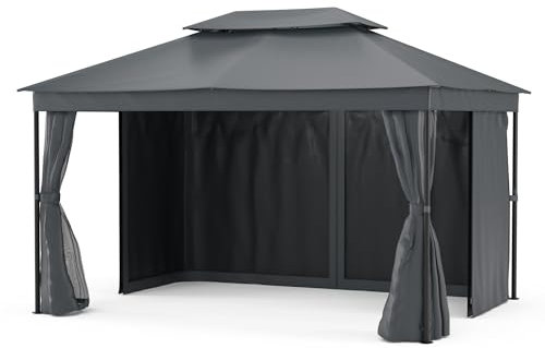 blumfeldt Mondo Dual Tonnelle 3x4 - Double Toit & Moustiquaires, Armature Métallique Résistante, Rideaux Inclus, Tonnelle de Jardin, Facile à Assembler, Gris Foncé
