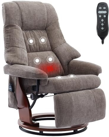 Mingone Massagesessel Fernsehsessel mit Wärmefunktion Relaxsessel mit Liegefunktion Holz TV-Sessel für Wohnzimmer 360° Drehbar braun bis 150kg