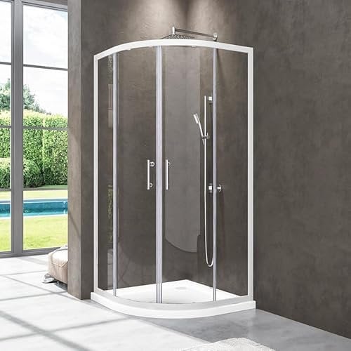 WDWRITTI Runddusche Duschkabine Eckeinstieg mit Schiebetüren 90x90x185cm, Weiß Doppel Schiebetür Rund Duschabtrennung, Duschschiebetür aus 6mm Sicherheitsglas, Viertelkreis Halbkreis Radius 55cm