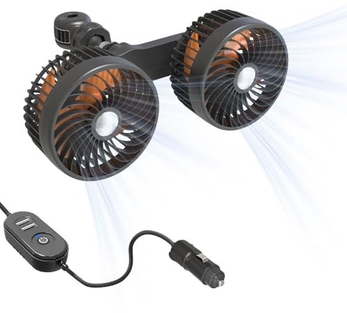 KBIBCK Car Fan for Backseat, Car Seat Fan Portable, Double-Head CoolingFan with 2 USB Port, USB Car SeatFan, 3 Speed Wind, 360 Degree Rotation Headrest CarFan for Vehicles SUV RV Truck (DC 12V/24V)