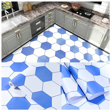 PVC-Vinyl-Bodenbelag-Rolle, 60 cm x 5 m, rutschfeste Bodenbelag-Aufkleber für Badezimmer, Küche, Wohnzimmer, sechseckig, blau-weißes Muster