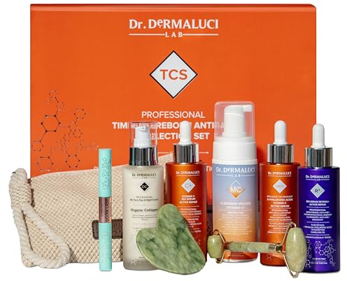 Dr. Dermaluci Lab Coffret BIO Anti-Âge Pro 6 Pièces - Mousse + Sérum Vit C + 5HA + Rétinol + Sérum Cils + Crème Collagène - Gua Sha + Roller Jade + Pochette - AIAB Made in Italy