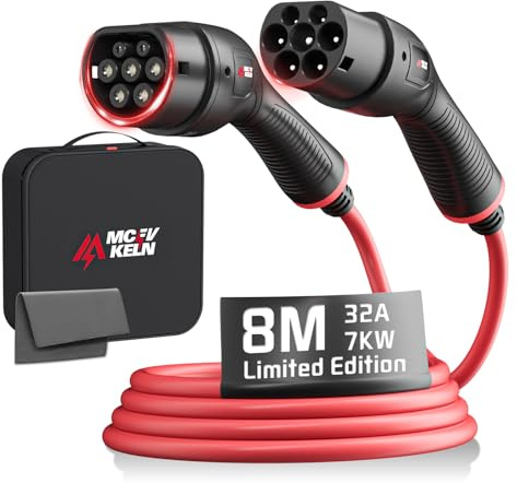 MCEVKELN Câble de charge EV de type 2 - 7 kW 8 m - Câble de charge mode 3 pour voitures électriques et véhicules hybrides - Chargeur monophasé portable 32 A avec sac à main - Pour modèles Y/Model 3/ID
