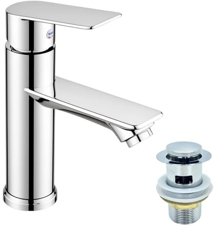 Basin Mixer Tap, Single Lever Bathroom Tap with Pop up Waste-(Flat Handle) | Stainless Steel Modern Sink Taps with High-Arc Spout for Traditional Washbasin with Pop up Waste with 2pcs Water Inlet Pipes