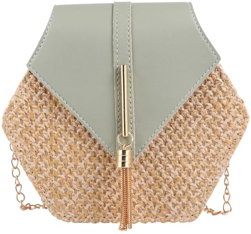 COMPUKAS Paquet à Main en Paille Femme Vert, Paquet Bandoulière PU Tressé | Pochette Paille, Chaîne à Pompon, Format Compact pour Voyage et Shopping