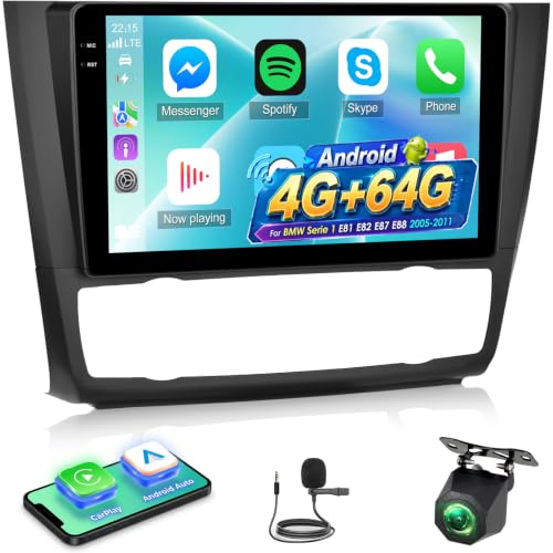 NHOPEEW 4+64G Radio para Coche para BMW Serie 1 E81 E82 E87 E88 2005-2011 con Carplay Android Auto - Pantalla incell de 9 Pulgadas Compatible con WiFi GPS Control en el Volante+Cámara de Marcha atrás