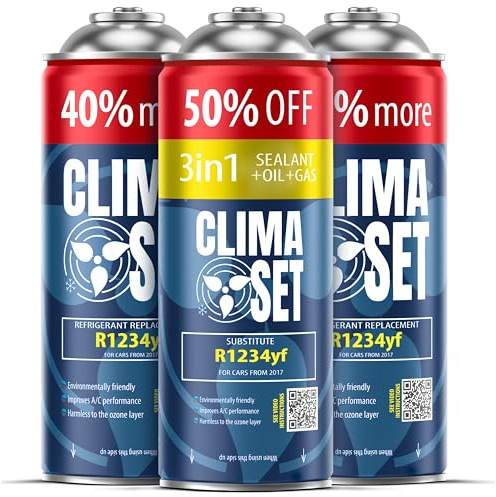 CLIMASET - 3-En-1 R 1234yf Recharge Climatisation, Huile, Produit Anti-Fuites XL et 2 X R1234yf XL - Kit de Recharge de Gaz pour Climatisation Automobile