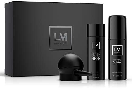 LEON MIGUEL All In One Box | Hair Fiber, Fiber Hold Spray + Applicator | Premium Streuhaar/Schütthaar mit Soforteffekt bei Geheimratsecken, Haarausfall und lichtem Haar - Haarpuder (Mittelblond)