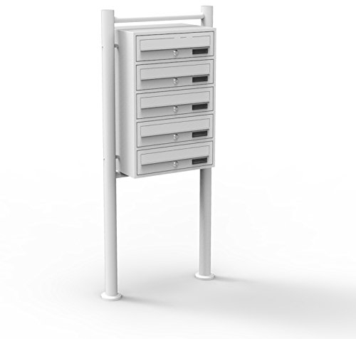Wiltec 5er Briefkastenanlage weiß 270 x 513 x 1500 mm, Standbriefkasten mit 5 Fächern, Schlüssel und Namensschild, Briefkasten Postkasten mit Ständer