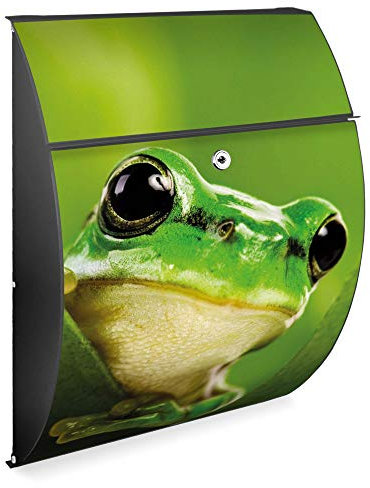 banjado Design Briefkasten - Modell Riviera 46x33,5x13cm groß - verzinkter Stahl anthrazit - Postkasten Öffnungsstopp großer A4 Einwurf Zylinderschloss 2 Schlüssel - Motiv Frosch