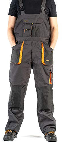 ART.MAS Classic Bib and Brace Dungaree Overalls, Pro Wear Workwear, S-3XL Size - Multipockets, Pocket For Knee Pads, Durable Triple Stitched Seams, 2 colors (36/38-54EU, Grey-Orange)