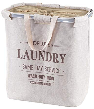 Wäschesammler HWC-C34, Laundry Wäschekorb Wäschebehälter mit Kordelzug, 2 Fächer Henkel 54x52x32cm 89l - beige