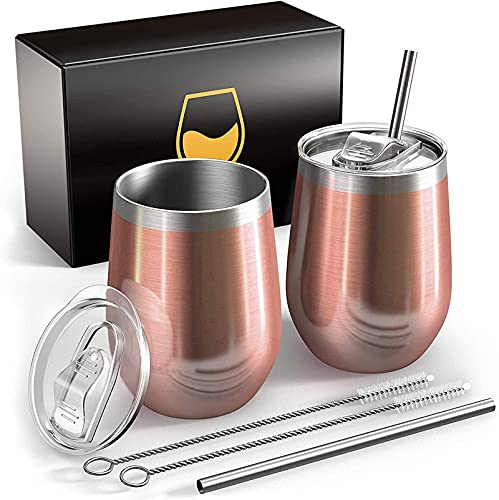 FloweryOcean Deux 350ml Verre à vin thermo en acier inoxydable, isolation sous vide double couche mug,sans BPA,tasses à café réutilisables,adaptées aux au camping,aux voyages,or rose