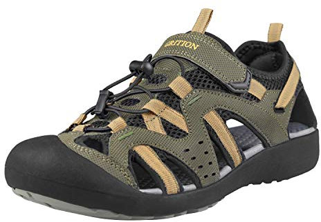 GRITION Herren Wandern Sandalen Outdoor Geschlossene Trekkingsandalen Klettverschluss Verstellbaren Männer Sommer Sandale Sportsandalen Wandersandalen Wasserfest Schuhe Khaki MEHRWEG (44 EU)