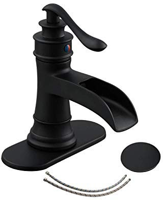 Black Bathroom Faucet Matte Waterfall Sink Farmhouse Vanity Single Hole Faucets One Handle Basin Antique centerset with Pop Up Drain Stopper Mixer Tap Overflow Supply Line Lead-Free by Homevacious