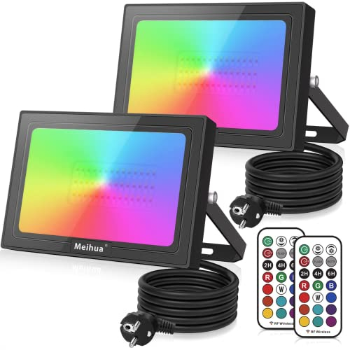 MEIHUA 60W RGB LED Strahler 2 Pack mit Fernbedienung, IP66 Wasserdicht Fluter Außen 10Farben 12Modi Farbewechsel Dimmbar Flutlicht Innen Outdoor mit Timer Speicherfunktion für Garten Baum Landschaft