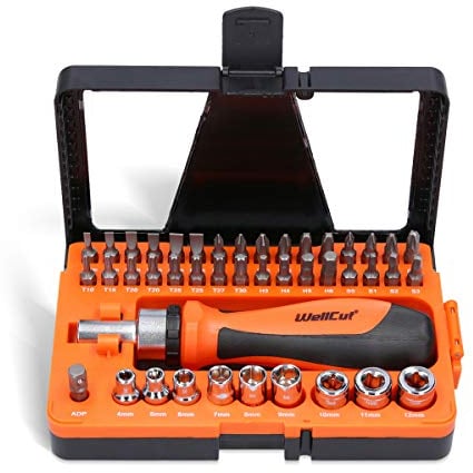 WellCut Ratschen- & Schraubendreher-Bit-Set, 44-teilig, Standard-Bits, Steckschlüssel, 1/4-Zoll-Treiberadapter, Ratschen-Schraubendreher (WC-RSD44)