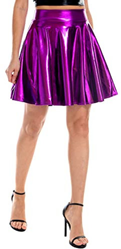 Semen - Gonna da donna in metallo, con gonna plissettata, lucida, elasticizzata, sexy, Clubwear, viola., 42