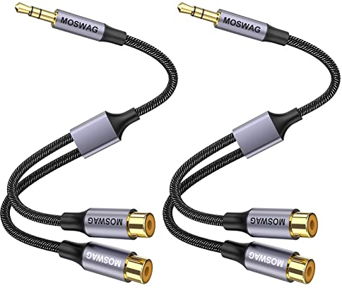 MOSWAG Paquete de 2 cables de audio 3,5 mm a doble cincha, 2 tomas RCA para auriculares con adaptador de audio estéreo RCA Compatible con auriculares, sistemas domésticos, radio de coche etc.