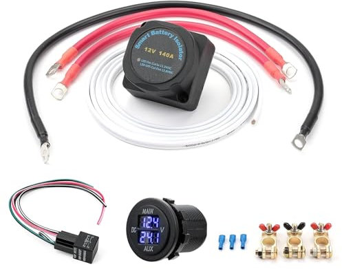 kemimoto Dual Battery Isolator Kit, Voltage Sensitive Relay VSR, LED Digital Panel Double Voltmeter Voltage Monitor, Automotive Fused Relay Switch Kit Relay and Harness for ATV UTV Boats RV
