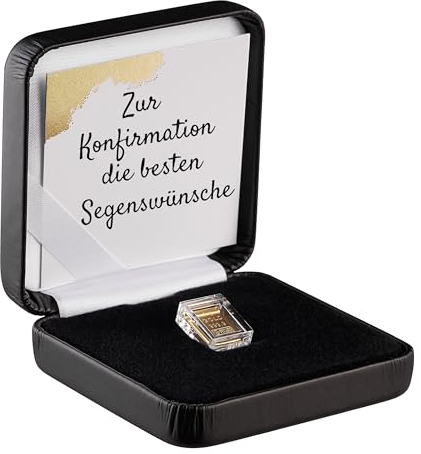 Gold zur Konfirmation - Goldbarren 1g in hochwertiger Kapsel inkl. Etui und Grußkarte (Etui schwarz)
