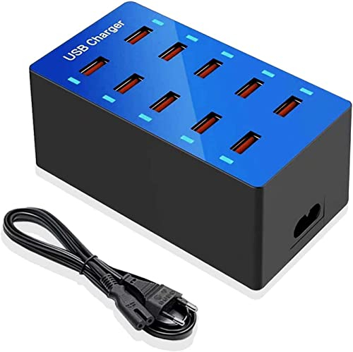 USB Ladegerät, 10 Ports USB Ladestation, mehrere Geräte USB Wandladegerät Desktop-USB-Ladegerät, Intelligenter USB-Anschluss für iPhone 12/13/14/Samsung S24/S25 Ultra/Z Flod/Z Flip/Xiaomi/iPad(Blau)