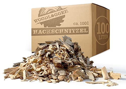 Woodlogger Hackschnitzel aus Kiefer 100 L | Holzhackschnitzel als Rindenmulch-Ersatz für den Garten | Verwendbar als Einstreu, Brennmaterial, Anzünder, Deko, Mulch & Fallschutz für den Spielplatz