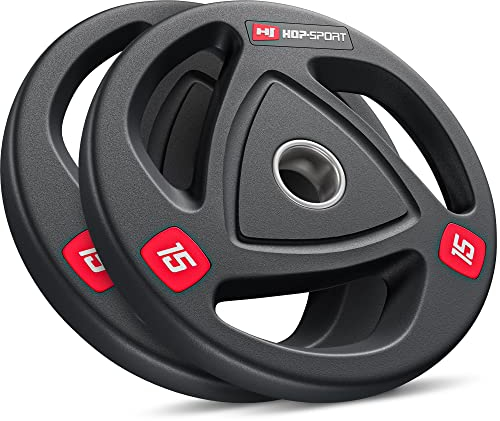 Hop-Sport Olympia Hantelscheiben Set 2x15kg - Gewichtsscheiben aus Gusseisen, gummiert für geräuscharmes Training, passend für Langhantelstangen 50mm, 30 kg Set