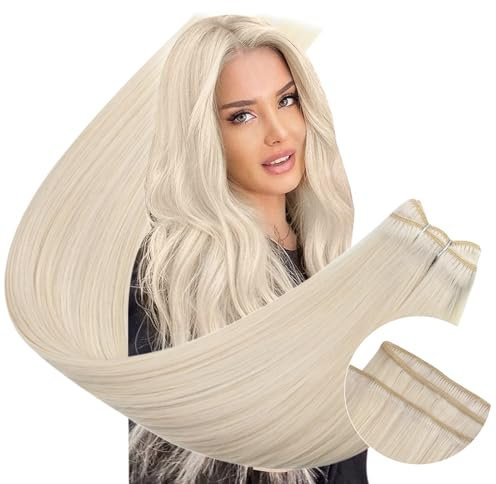 Ugeat Echthaar Tressen zum Einnähen 50cm Platinblond Extensions Tressen Echthaar Blond Glatt Invisible Weft Extensions 105 G für Mädchen #60A