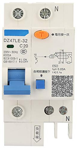 Lwuey Disjoncteur Miniature 230V, DZ47LE-32 1P 230V AC Air Basse Tension C12 Courant Pôle Coupe-Circuit DC Adcessoires de Protection Électrique Fuite Différentiel 30MA Rccb Résiduel Salle Bain(20A)