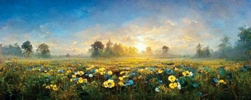 Acryl-Bild 130 x 50 cm: Blühende Wiese mit gelben und blauen Wildblumen, ländliches Panorama, Landschaft mit Sonnenuntergang (193772922)