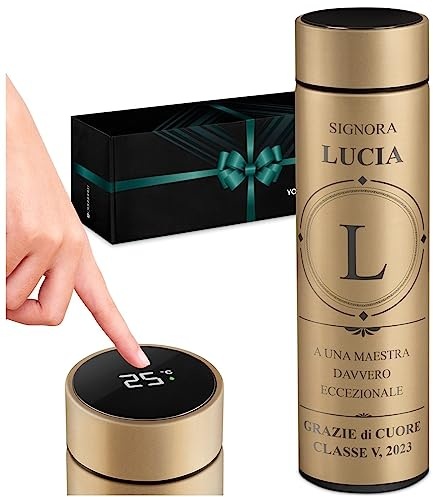 Maverton Tazza termica 450 ml - borraccia con incisione personalizzata in acciaio inox - coperchio ermetico one-touch - Thermos tè caffè con display led - per donna - gold - Maestra