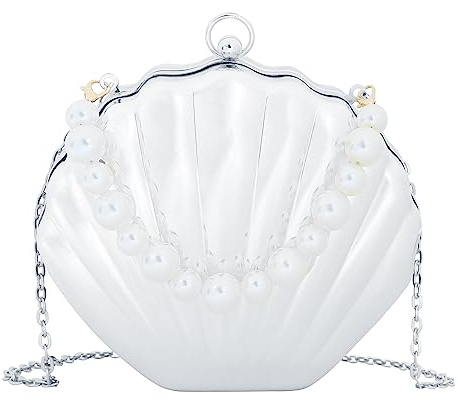 MEGAUK Damen Clutch Muschel Abendtasche Perlen Handtasche Mode Tasche mit Kette für Hochzeit Wedding Prom Party