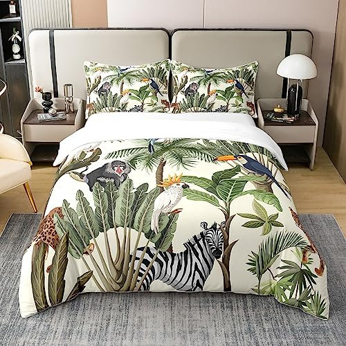 richhome Wilde Vögel 100% Natürliche Baumwolle Bettbezug Set 155x220 Aquarell Palmen Tropische Pflanzen Bettwäsche Set Nette Toucan AFFE Tier Dschungel Stil Tröster Abdeckung