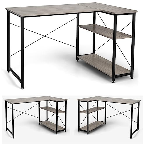 COSTWAY Escritorio Esquinero 120cm, Escritorio L con Estantes de Almacenamiento, Mesa Ordenador Reversible L, 120 x 88 x 74,5 cm (Gris)