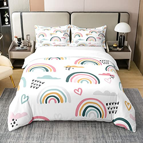 100% Gewaschene Baumwolle Regenbogen Bettbezug 135x200,Cartoon Regenbogen Bettwäsche Set,Hand Gezeichnete Irisierende Print Tröster Abdeckung,Bunte Wolken Liebe Herz Bett Sets mit1 Kissenbezug