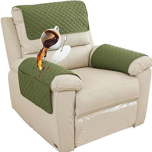 NNSMUN Sofa-Armlehnenbezug, Kopfstützenbezug für Liegestuhl, Armlehnenbezug, Sessel-Schonbezug mit Taschen, rutschfest, gesteppt, Möbelschutz für Haustiere, Ledersofa, Couch (Armeegrün, 1-Sitzer (3