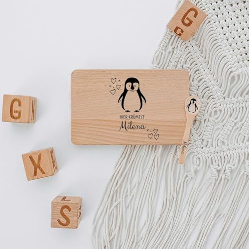 wunderwunsch - Personalisiertes Holzbrett mit präziser Gravur für Kinder - Personalisiertes Frühstücksbrettchen - Niedliche Motiv-Brettchen mit Namen (Pinguin)