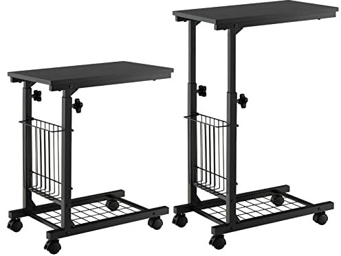 GYMAX C-förmiger Beistelltisch, höhenverstellbarer Laptoptisch mit Rollen, Sofatisch mit Seiten- & Unterablage aus Gitter, Stehtisch für Laptop & Zeitschrift, 50 x 30 x 80 cm (Schwarz)
