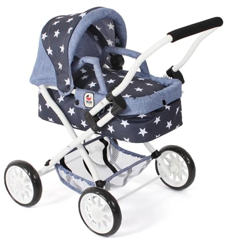 Bayer Chic 2000® Puppenwagen Smarty – Sternchen Navy – Zusammenklappbar – Mit Verdeck, Tasche, Kissen & Decke – Griffhöhe 56 cm – Für Kinder ab 2 Jahren