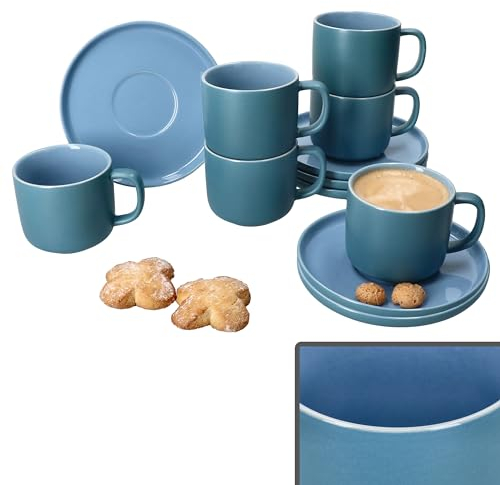 Ritzenhoff & Breker Jasper Lot de 6 tasses à café avec soucoupes bleu océan I pour 6 personnes I Set en faïence pour petit déjeuner et café I 6 tasses à thé de 170 ml, hauteur 7 cm et soucoupes
